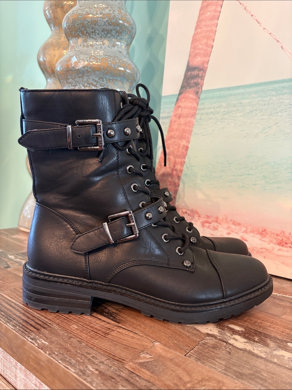 G by Guess Black leather Lace-Up Buckle Combat Boots beautiful condition